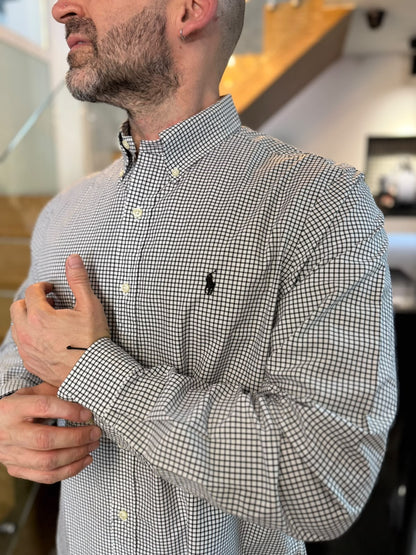 Camisa Polo R.L hombre Algodón Cuadros Blancos Con Negro Caballo Negro