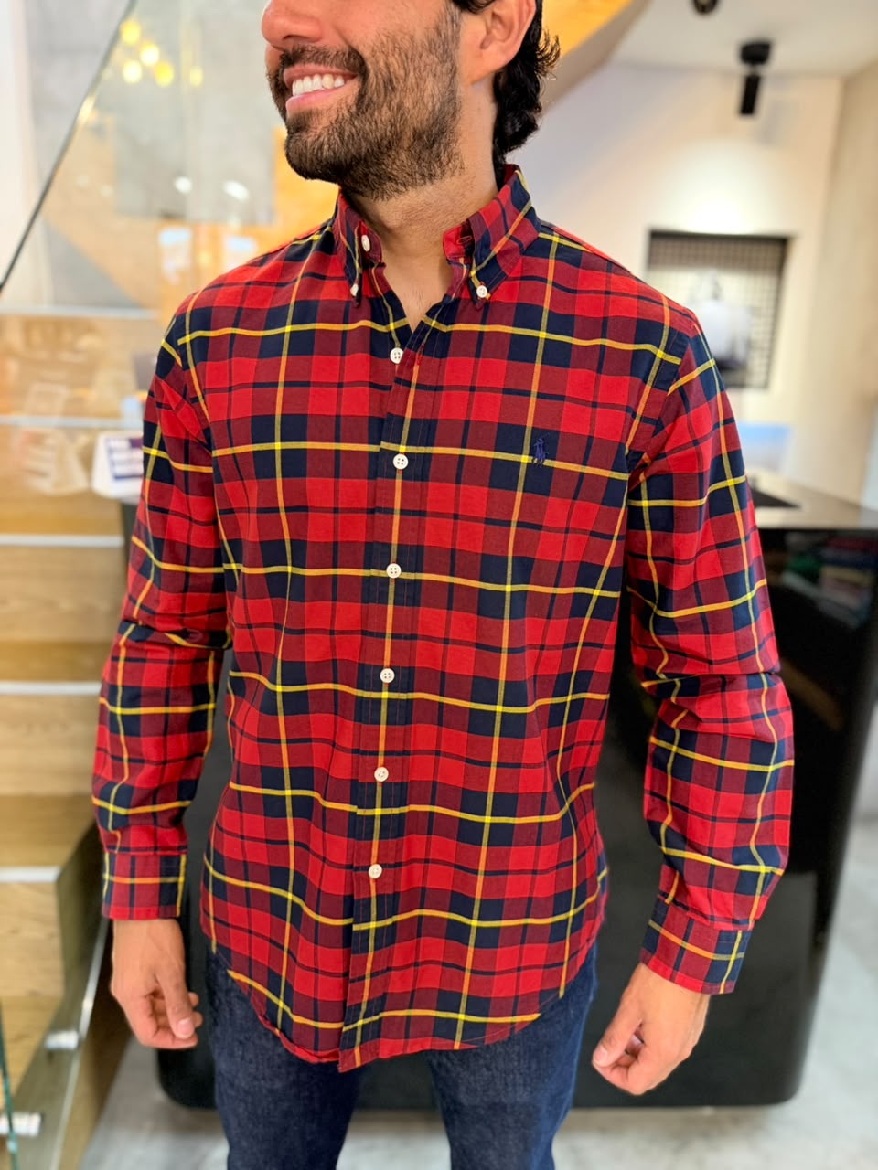Camisa Polo R.L hombre Oxford Cuadros Rojos Con Amarillo Caballo Azul