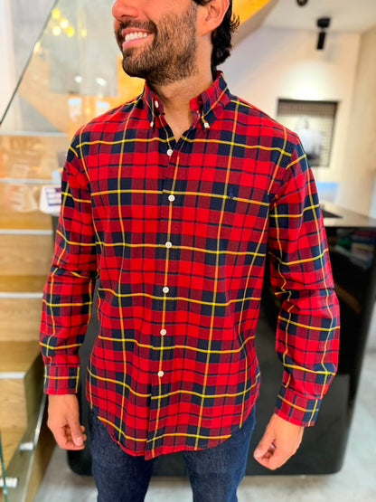 Camisa Polo R.L hombre Oxford Cuadros Rojos Con Amarillo Caballo Azul