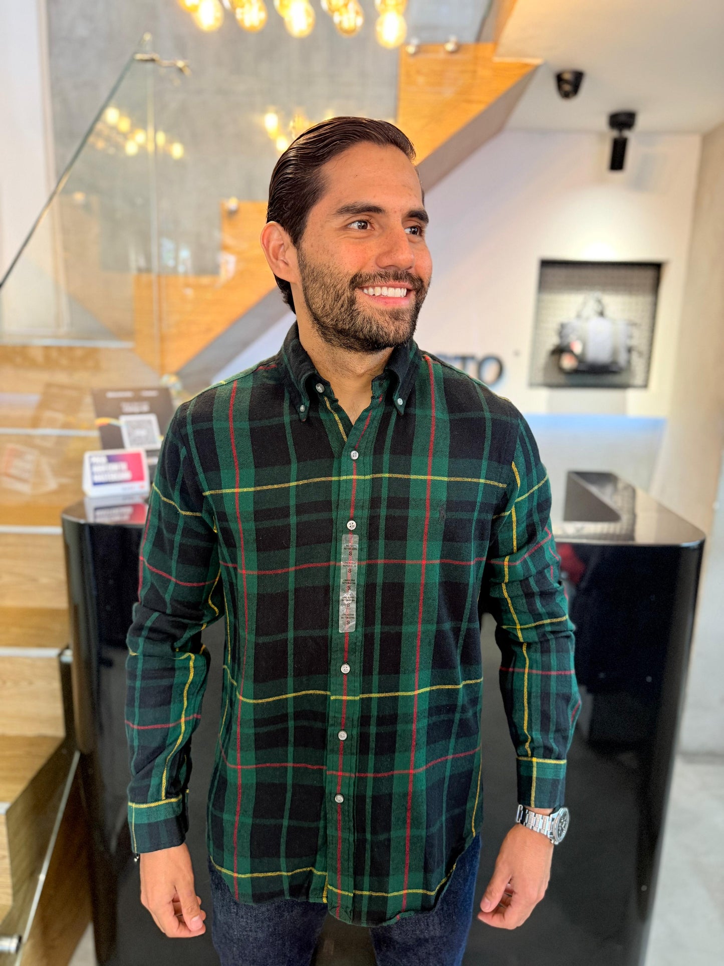 Camisa Polo R.L hombre Algodón Cuadros Verdes Caballo Negro