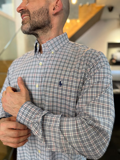 Camisa Polo R.L hombre Performance Cuadros Grises Con Blanco Caballo Azul