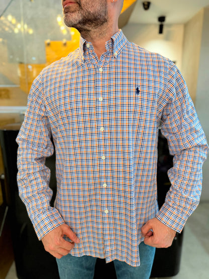 Camisa Polo R.L hombre Algodón Cuadros Naranjas Con Azul Caballo Azul
