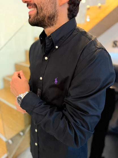 Camisa Polo R.L hombre Algodón Negra Caballo Morado