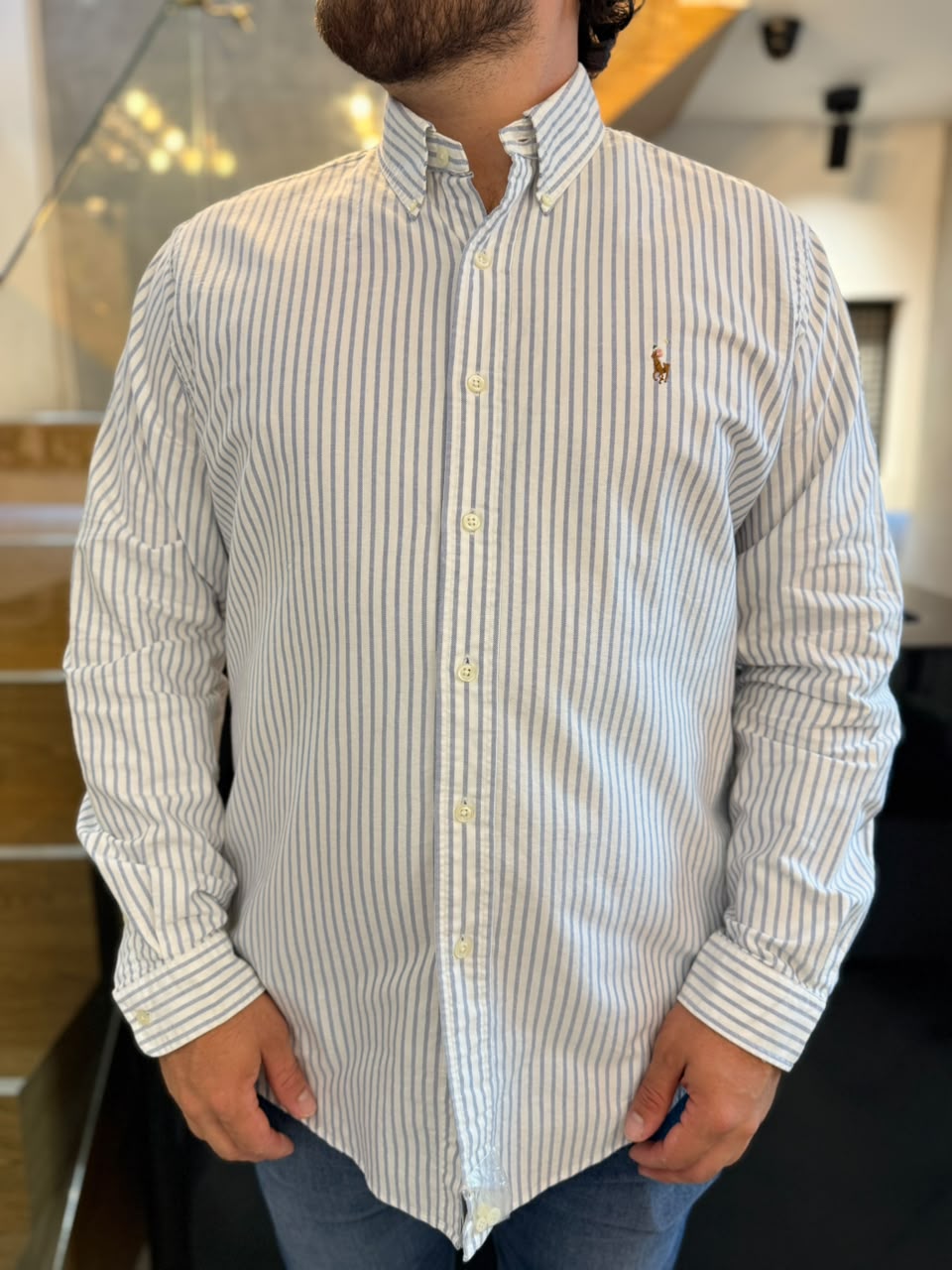 Camisa Polo R.L hombre Oxford Custom Fit Rayas Blancas Caballo Multicolor