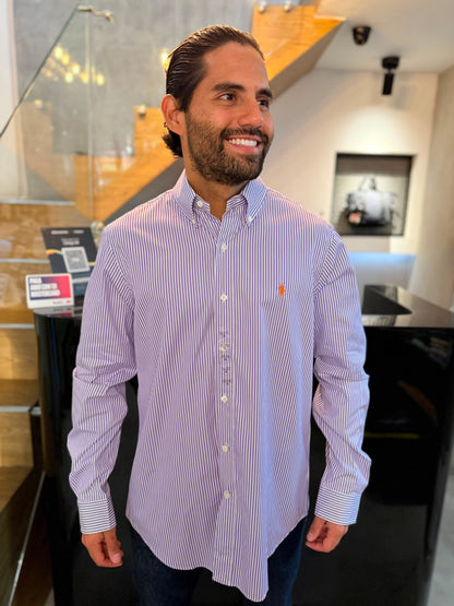 Camisa Polo R.L hombre Algodón Rayas Lilas Con Blanco Caballo Naranja