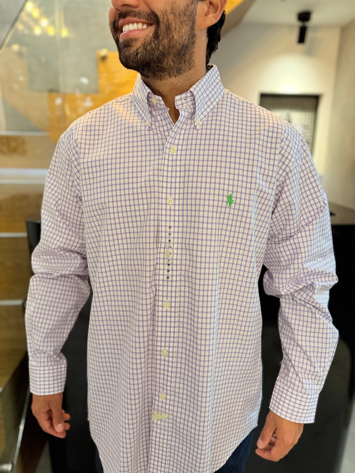 Camisa Polo R.L hombre Algodón Cuadros Blancos Con Lila Caballo Verde Neón
