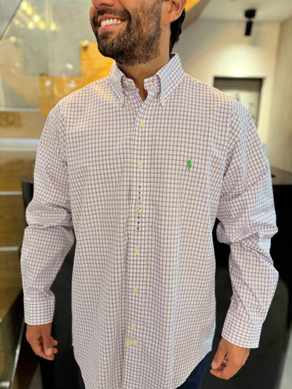 Camisa Polo R.L hombre Algodón Cuadros Blancos Con Lila Caballo Verde Neón