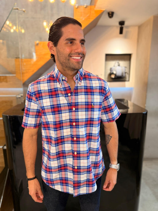 Camisa Polo R.L hombre Oxford Manga Corta Cuadros Rojos con Azul Caballo Multicolor