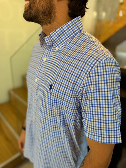 Camisa Polo R.L hombre Manga Corta Performance Cuadros Azules Caballo Azul