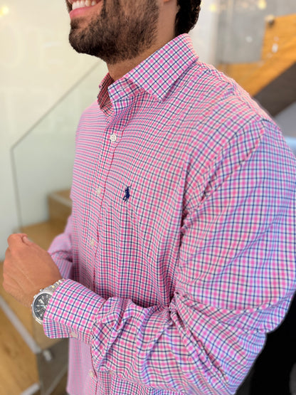 Camisa Polo R.L hombre Performance Cuadros Rosados Con Azul Caballo Azul
