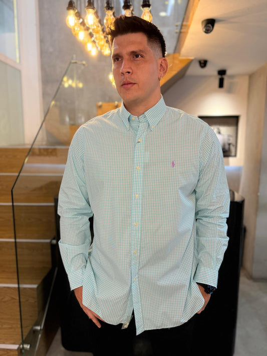 Camisa Polo R.L hombre Algodón Cuadros Celestes Caballo Morado