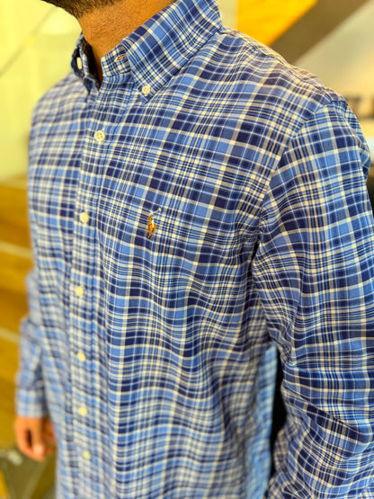 Camisa Polo R.L hombre Oxford Cuadros Azules Caballo Multicolor