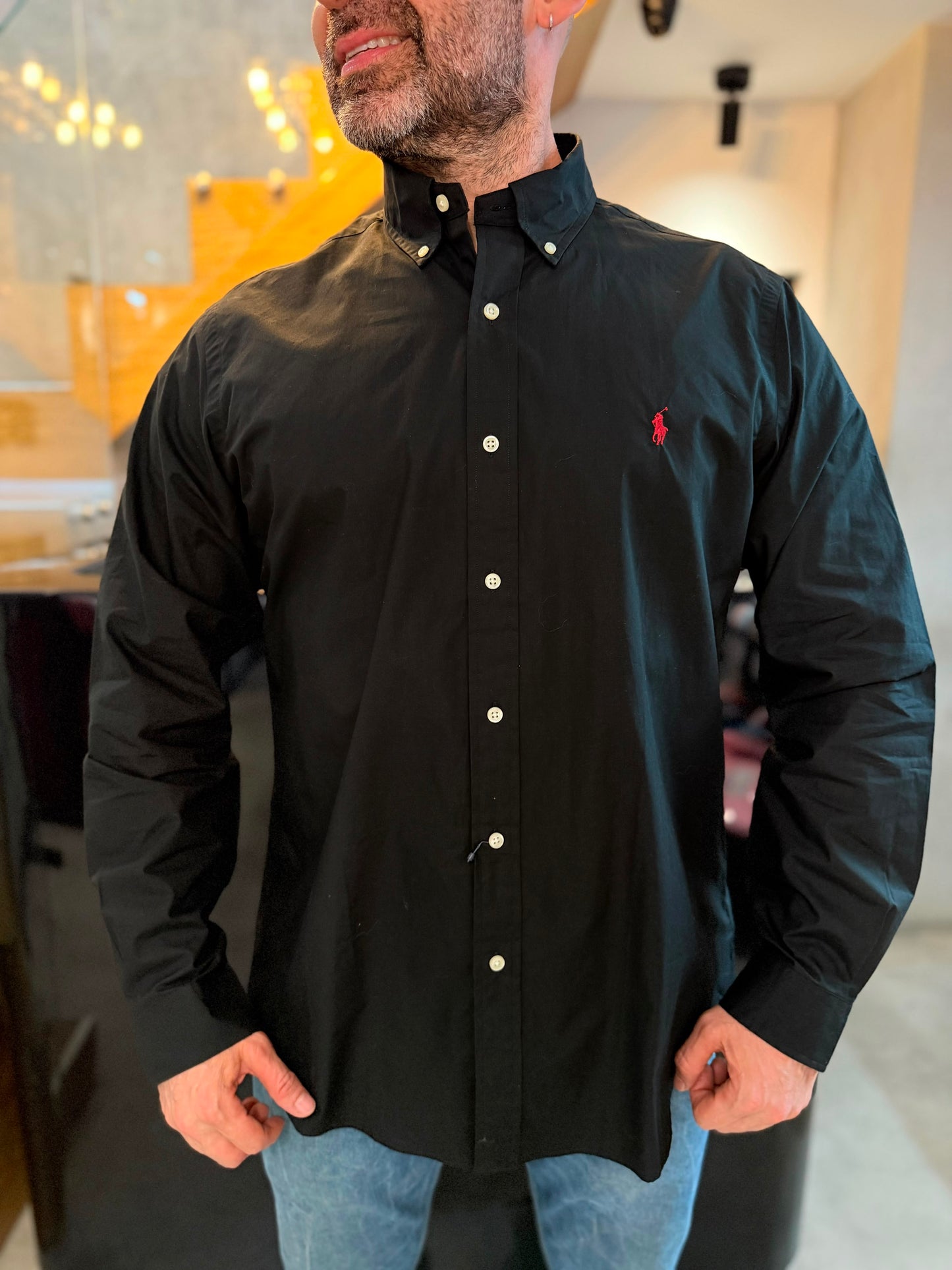 Camisa Polo R.L hombre Algodón Negra Caballo Rojo