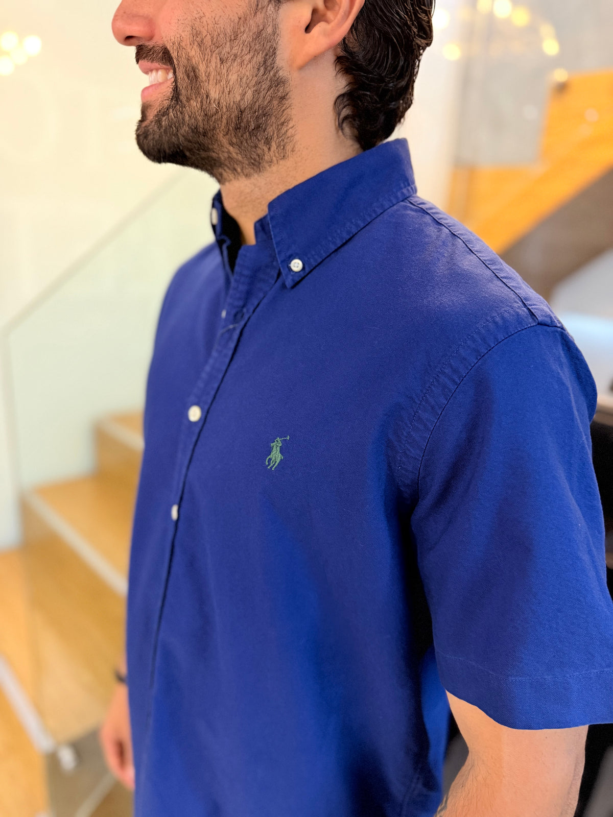 Camisa Polo R.L hombre Oxford Manga Corta Azul Rey Caballo Verde
