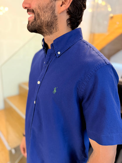 Camisa Polo R.L hombre Oxford Manga Corta Azul Rey Caballo Verde