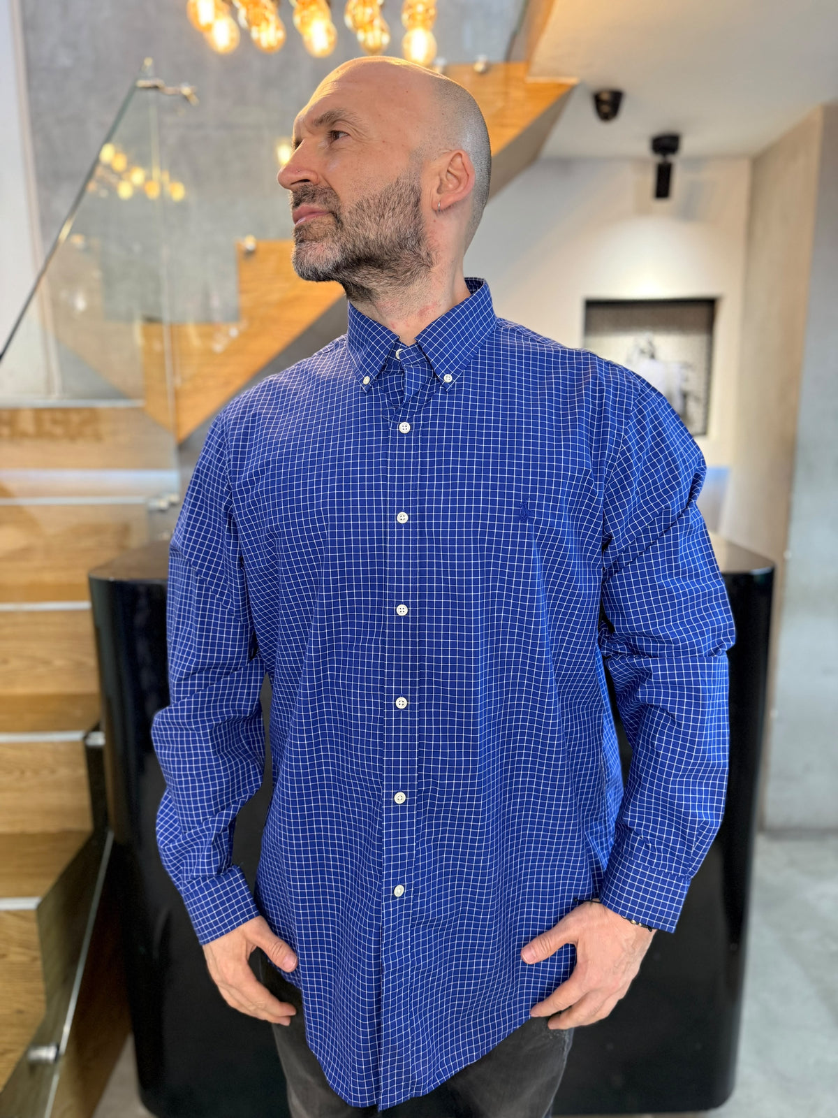 Camisa Polo R.L hombre Algodón Cuadros Azul Oscuro Con Blanco Caballo Azul