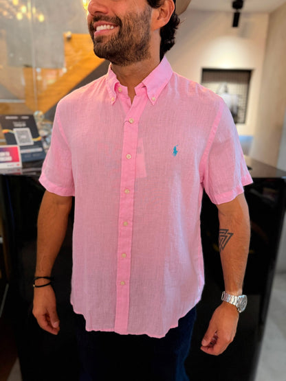 Camisa Polo R.L hombre Manga Corta Lino Rosada Caballo Celeste