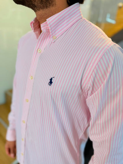 Camisa Polo R.L hombre Algodón Performance Rayas Rosadas Con Blanco Caballo Azul