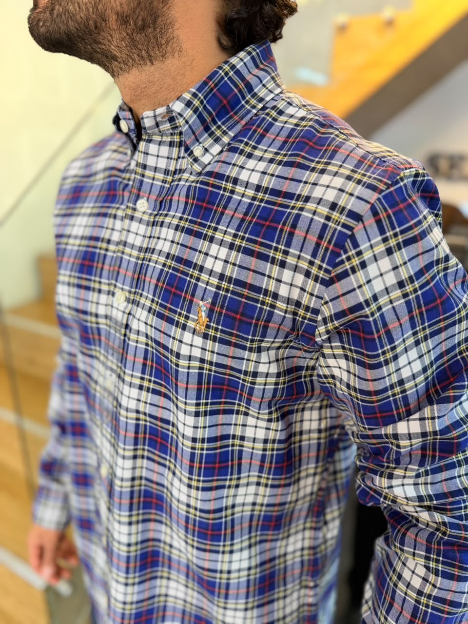 Camisa Polo R.L hombre Oxford Cuadros Azules Con Blanco Caballo Multicolor