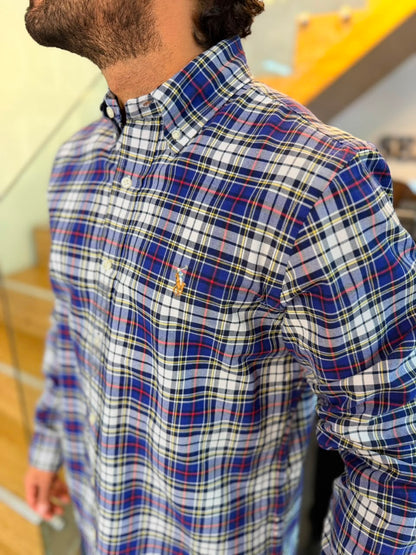 Camisa Polo R.L hombre Oxford Cuadros Azules Con Blanco Caballo Multicolor