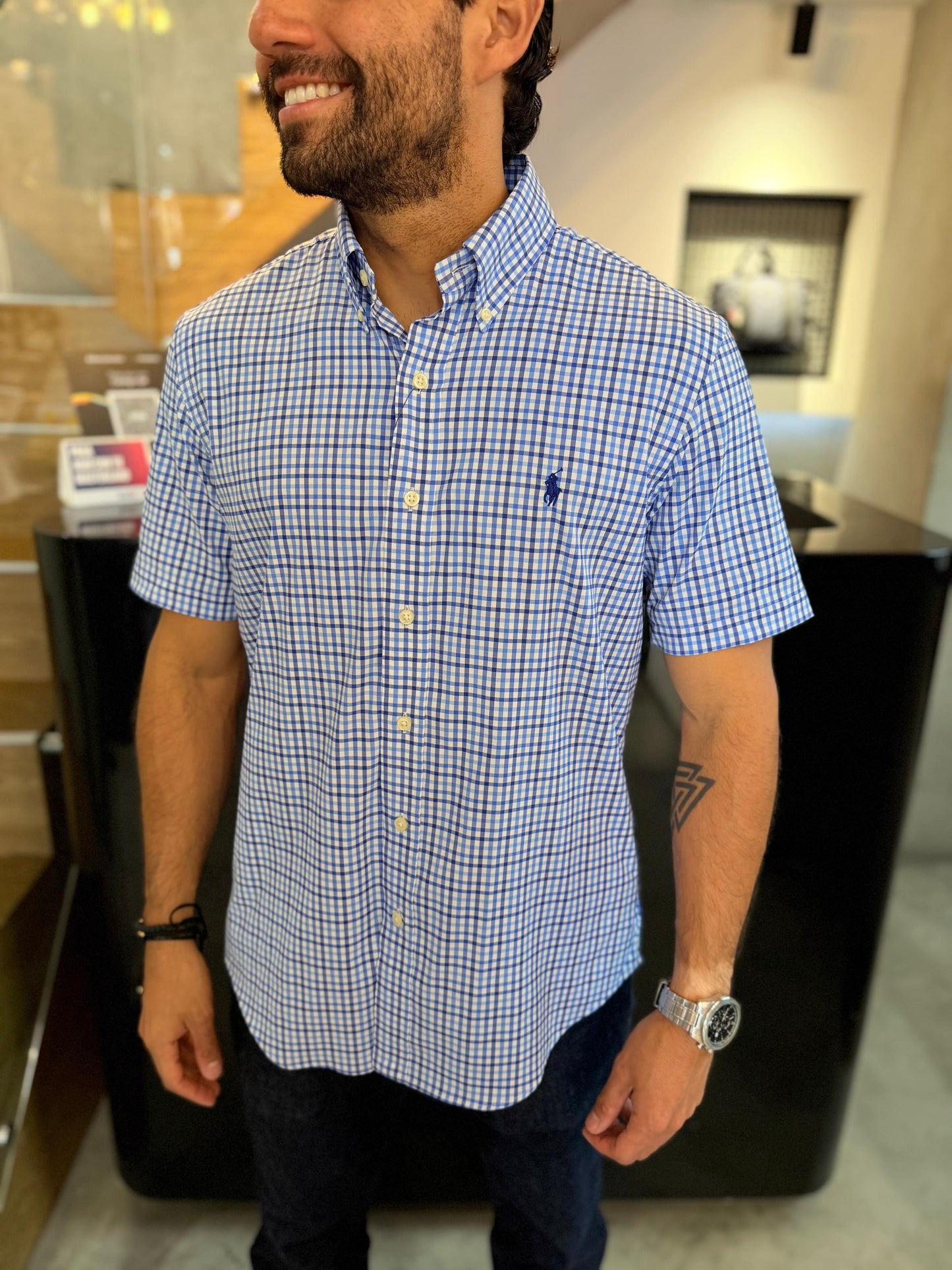 Camisa Polo R.L hombre Manga Corta Performance Cuadros Azules Caballo Azul