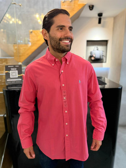 Camisa Polo R.L hombre Oxford Coral Caballo Celeste