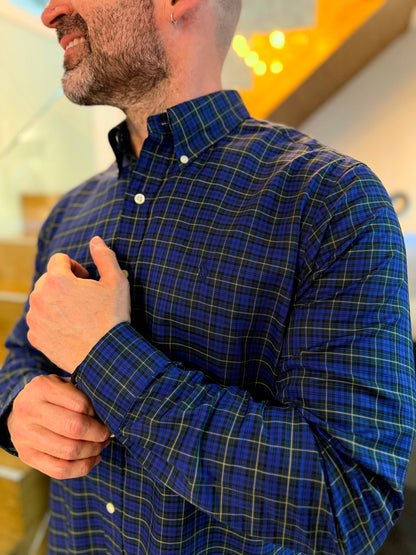 Camisa Polo R.L hombre Algodón Cuadros Azules Con Verde Caballo Azul
