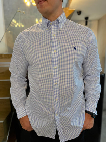 Camisa Polo R.L hombre Algodón Custom Fit Cuadros Azules Caballo Azul