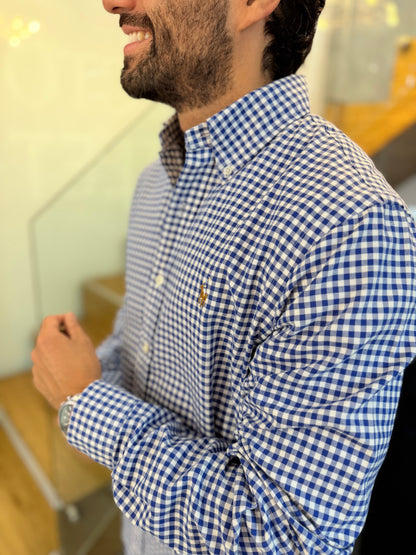 Camisa Polo R.L hombre Oxford Cuadros Azules con Blanco Caballo Multicolor