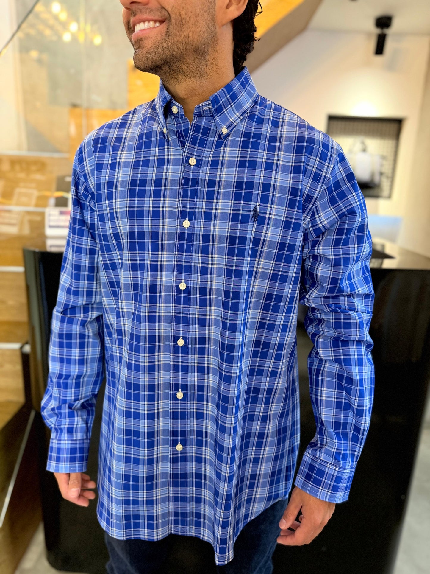 Camisa Polo R.L hombre Algodón Cuadros Azules Caballo Azul