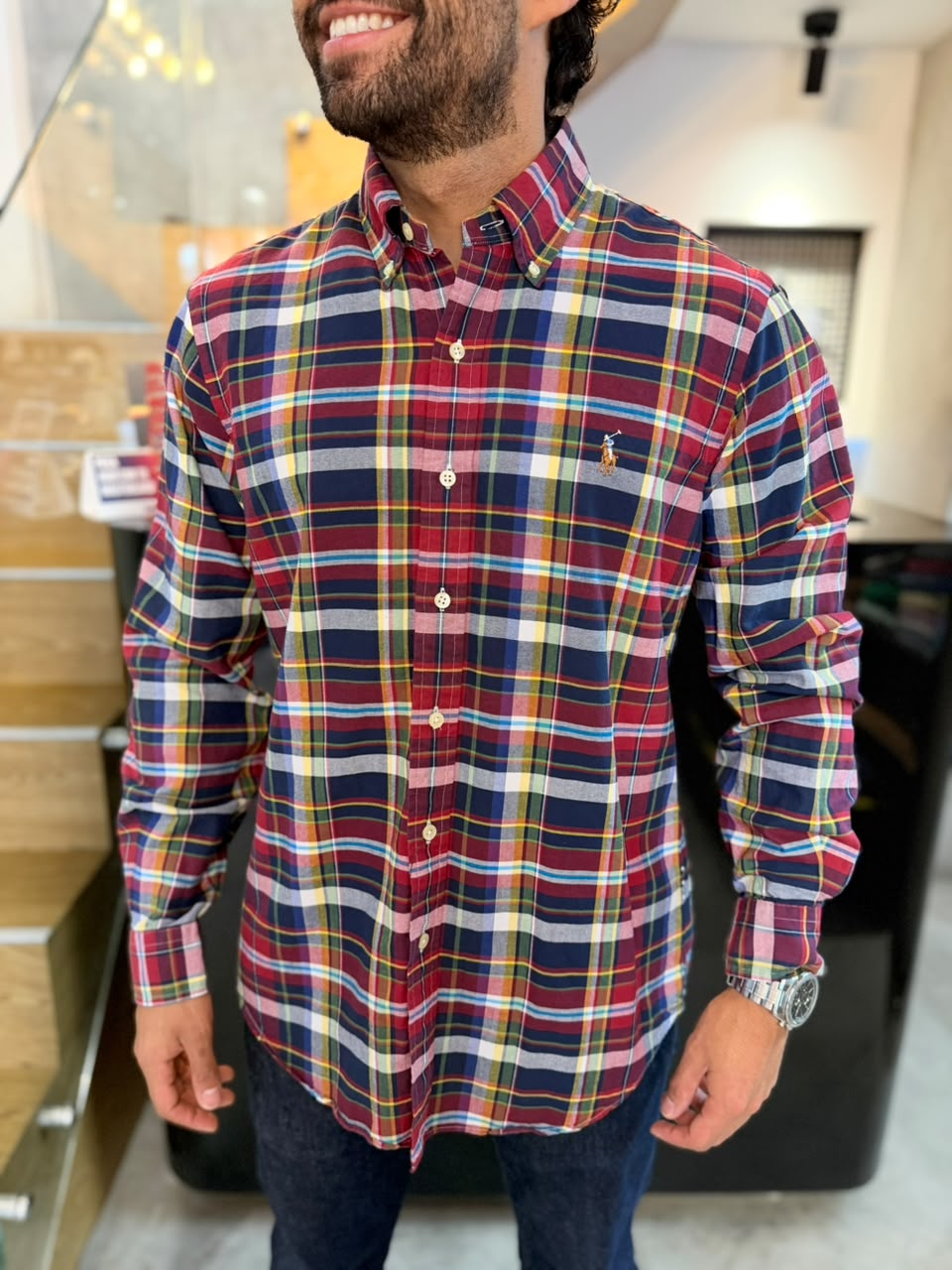 Camisa Polo R.L hombre Oxford Cuadros Rojos Con Azul Caballo Multicolor