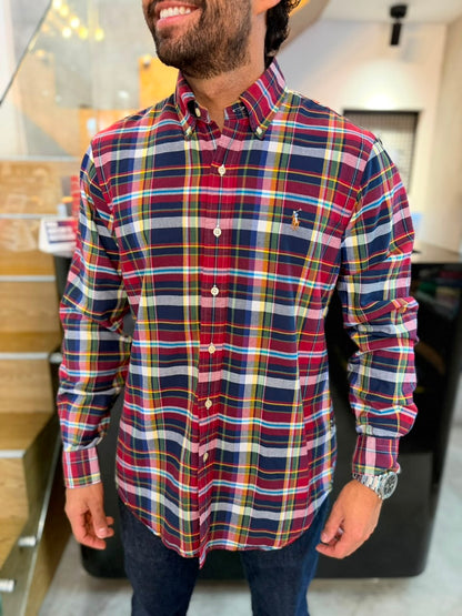 Camisa Polo R.L hombre Oxford Cuadros Rojos Con Azul Caballo Multicolor