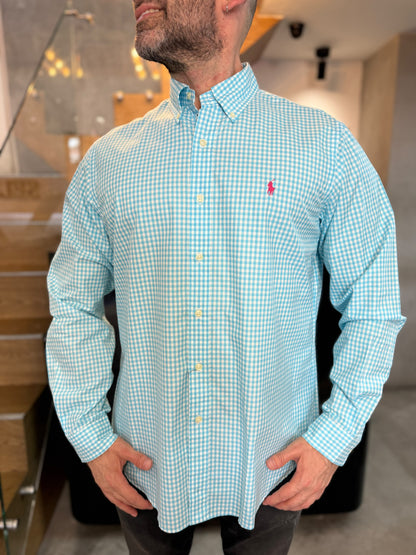 Camisa Polo R.L hombre Algodón Cuadros Azul Turquesa Con Blanco Caballo Fucsia