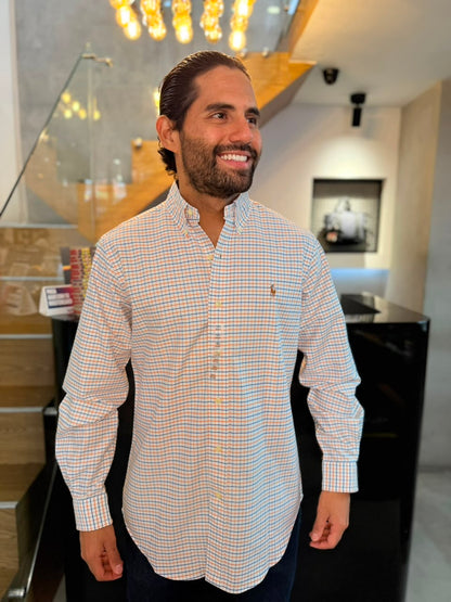 Camisa Polo R.L hombre Oxford Cuadros Blancos con Naranja Caballo Multicolor