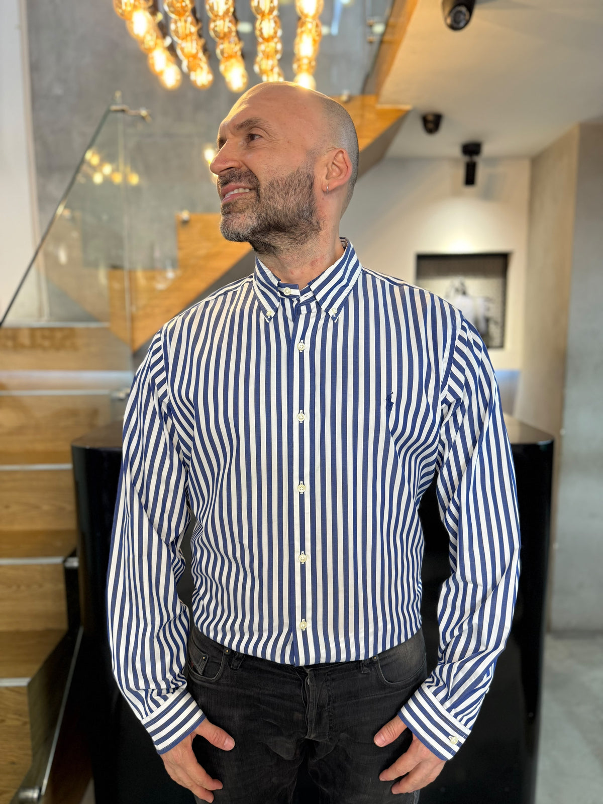 Camisa Polo R.L hombre Algodón Rayas Azules Con Blanco Caballo Azul