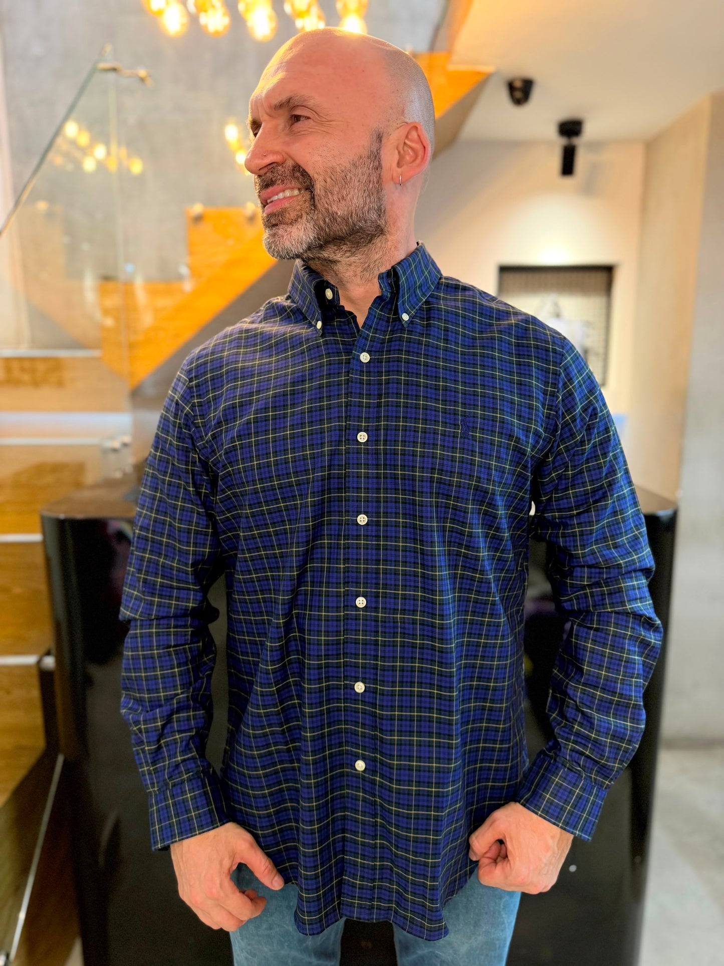 Camisa Polo R.L hombre Algodón Cuadros Azules Con Verde Caballo Azul