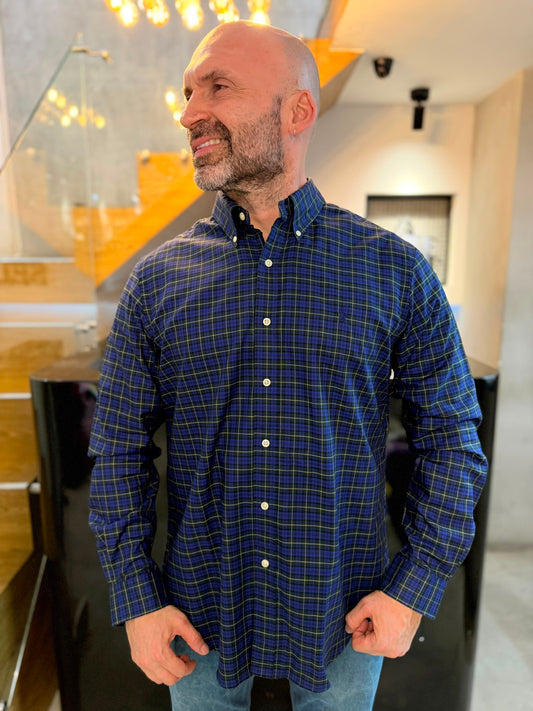 Camisa Polo R.L hombre Algodón Cuadros Azules Con Verde Caballo Azul