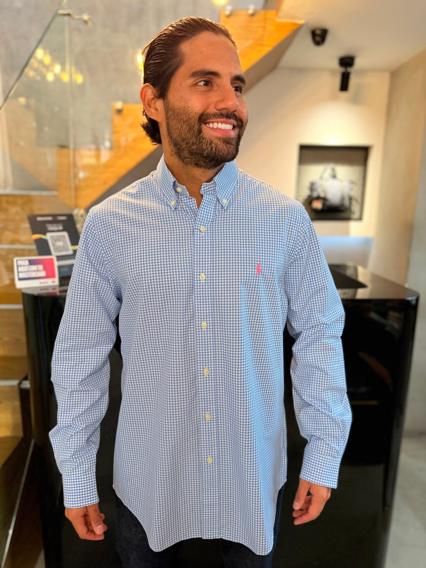 Camisa Polo R.L hombre Algodón Cuadros Celestes Con Blanco Caballo Rosa