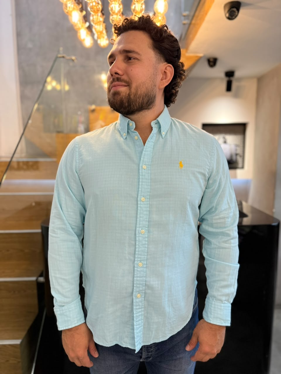 Camisa Polo R.L hombre Algodón Celeste Efecto Cuadros  Caballo Amarillo