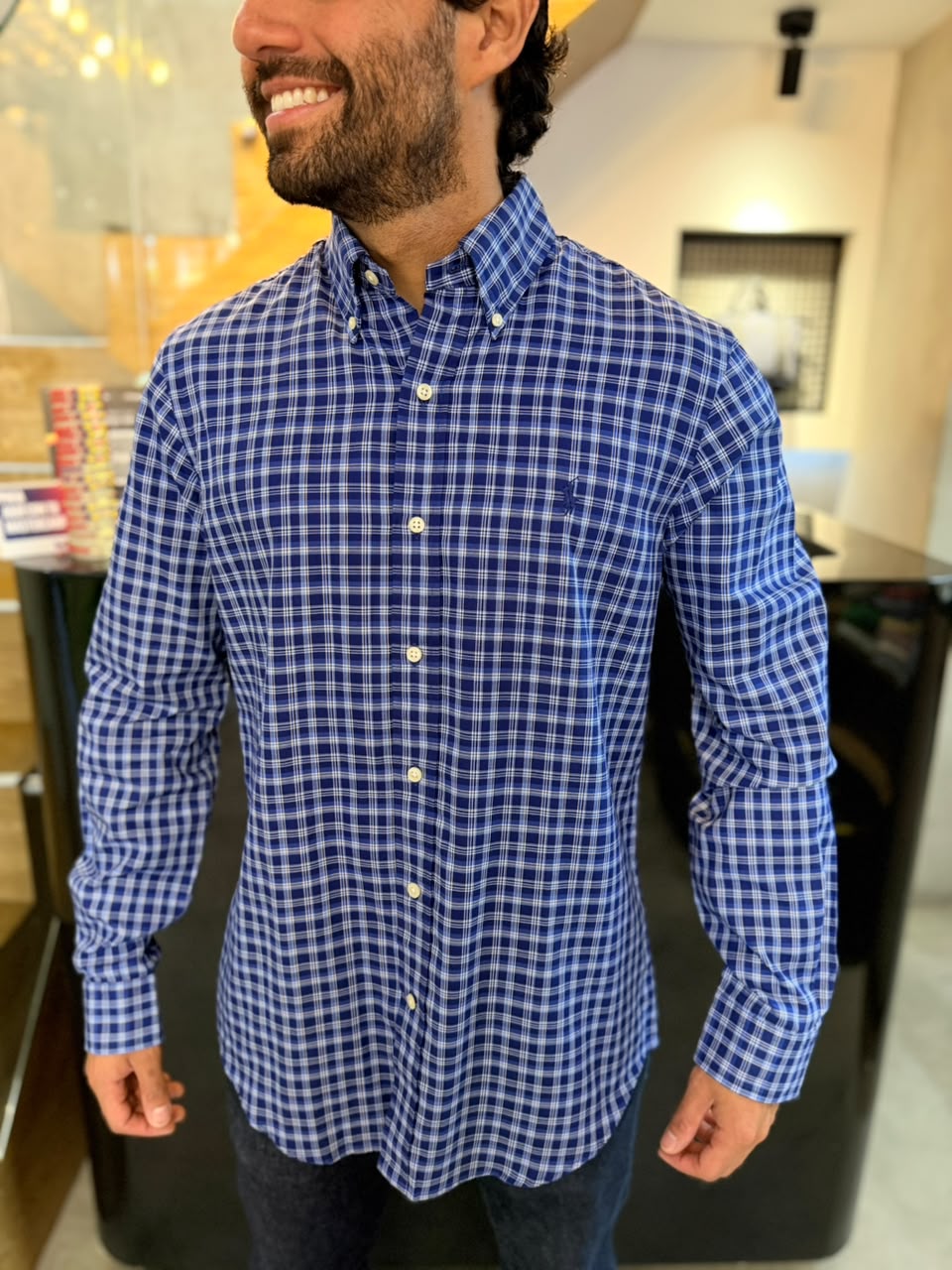Camisa Polo R.L hombre Algodón Cuadros Azules Caballo Azul