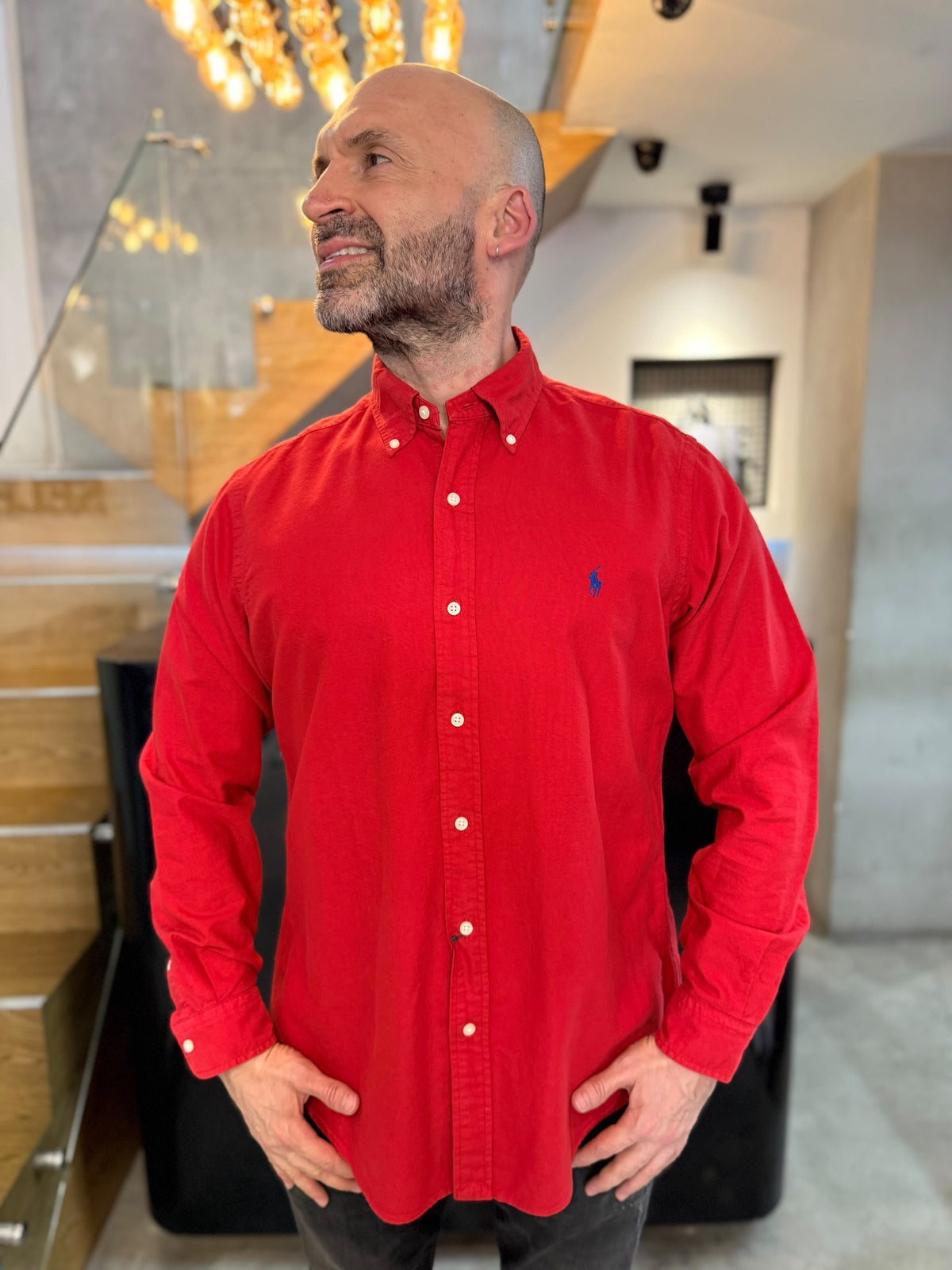Camisa Polo R.L hombre Oxford Roja Caballo Azul