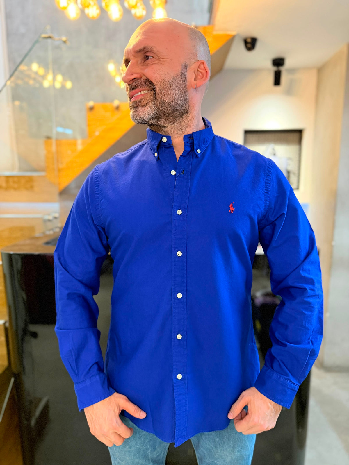 Camisa Polo R.L hombre Slim Fit Oxford Azul Rey Caballo Rojo