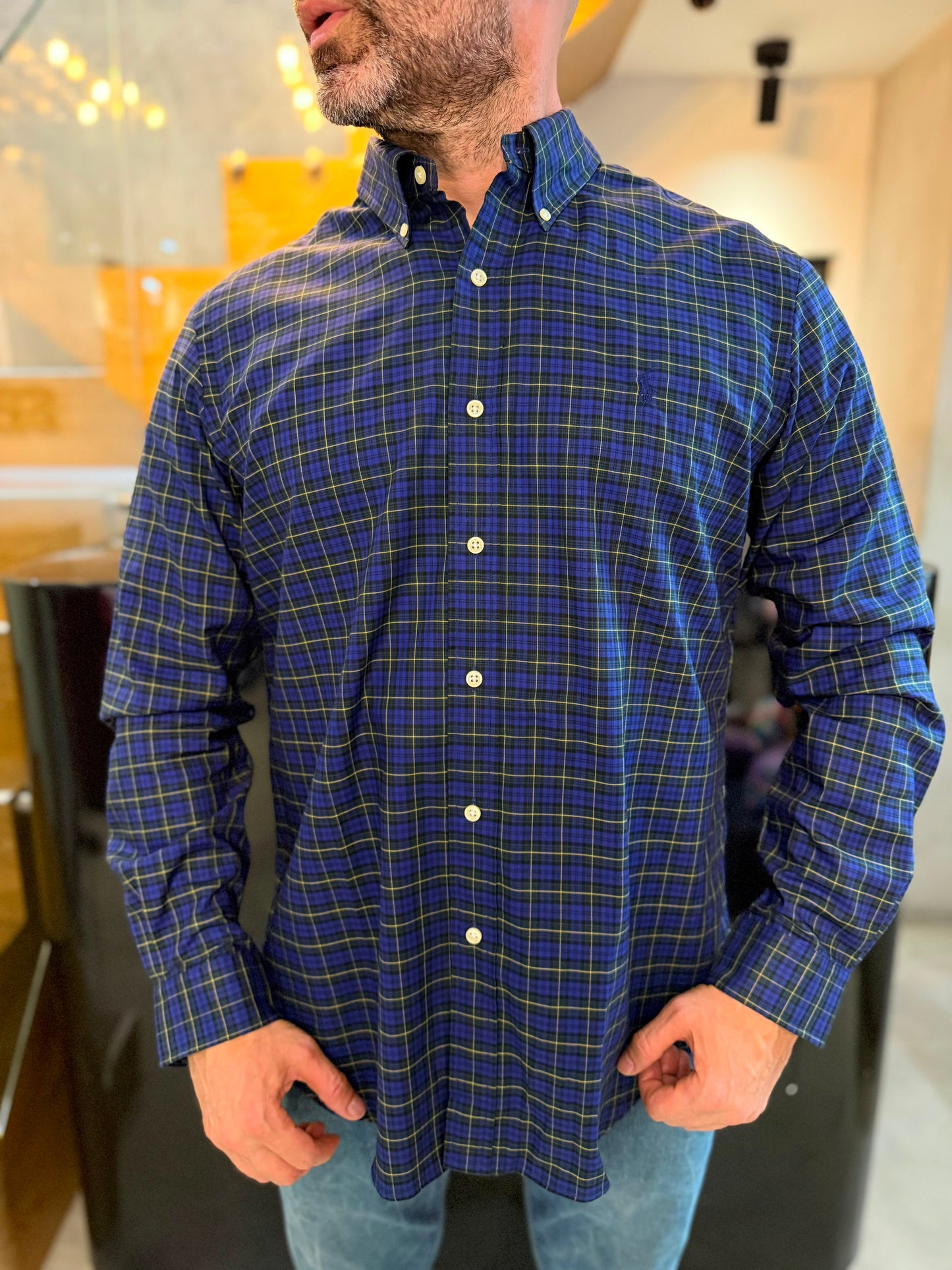 Camisa Polo R.L hombre Algodón Cuadros Azules Con Verde Caballo Azul
