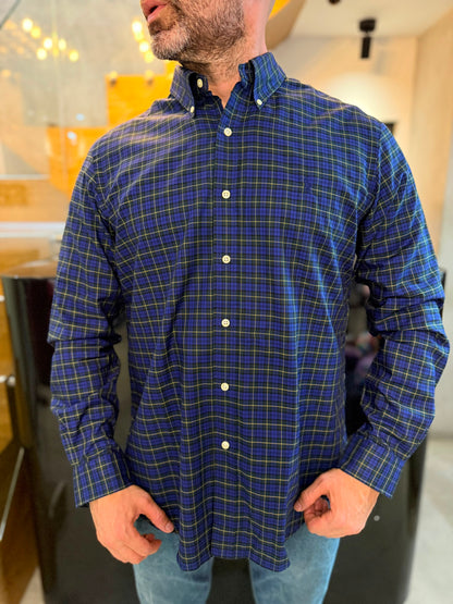 Camisa Polo R.L hombre Algodón Cuadros Azules Con Verde Caballo Azul