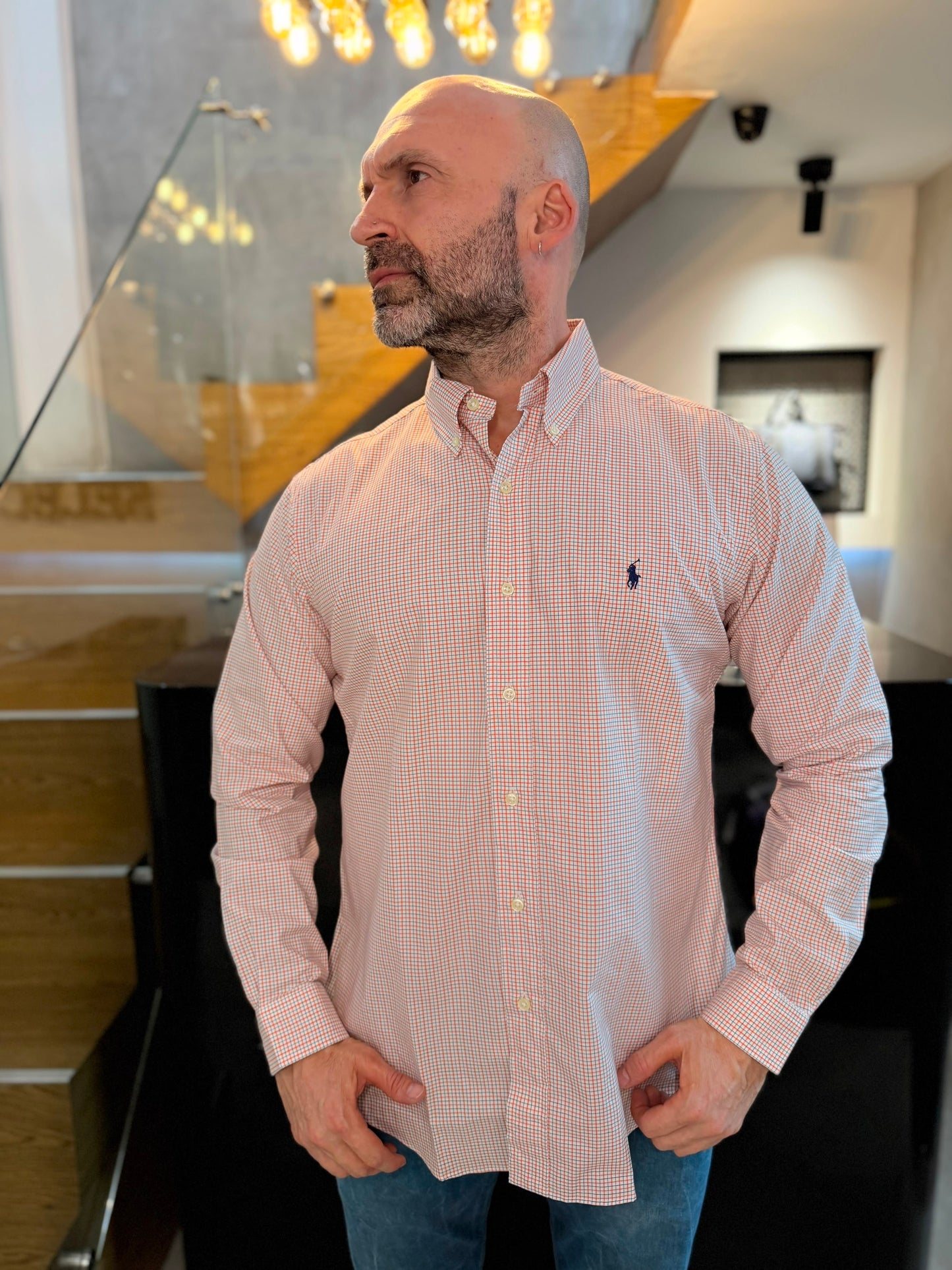 Camisa Polo R.L hombre Algodón Custom Fit Cuadros Naranjas Caballo Azul