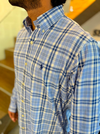 Camisa Polo R.L hombre Algodón Performance Cuadros Celestes Con Blanco Caballo Azul