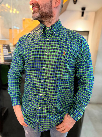 Camisa Polo R.L hombre Algodón Cuadros Verdes Con Azul Caballo Naranja