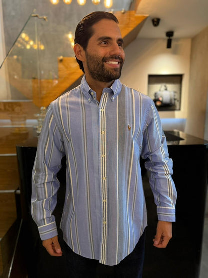 Camisa Polo R.L hombre Oxford Rayas Azules Caballo Multicolor