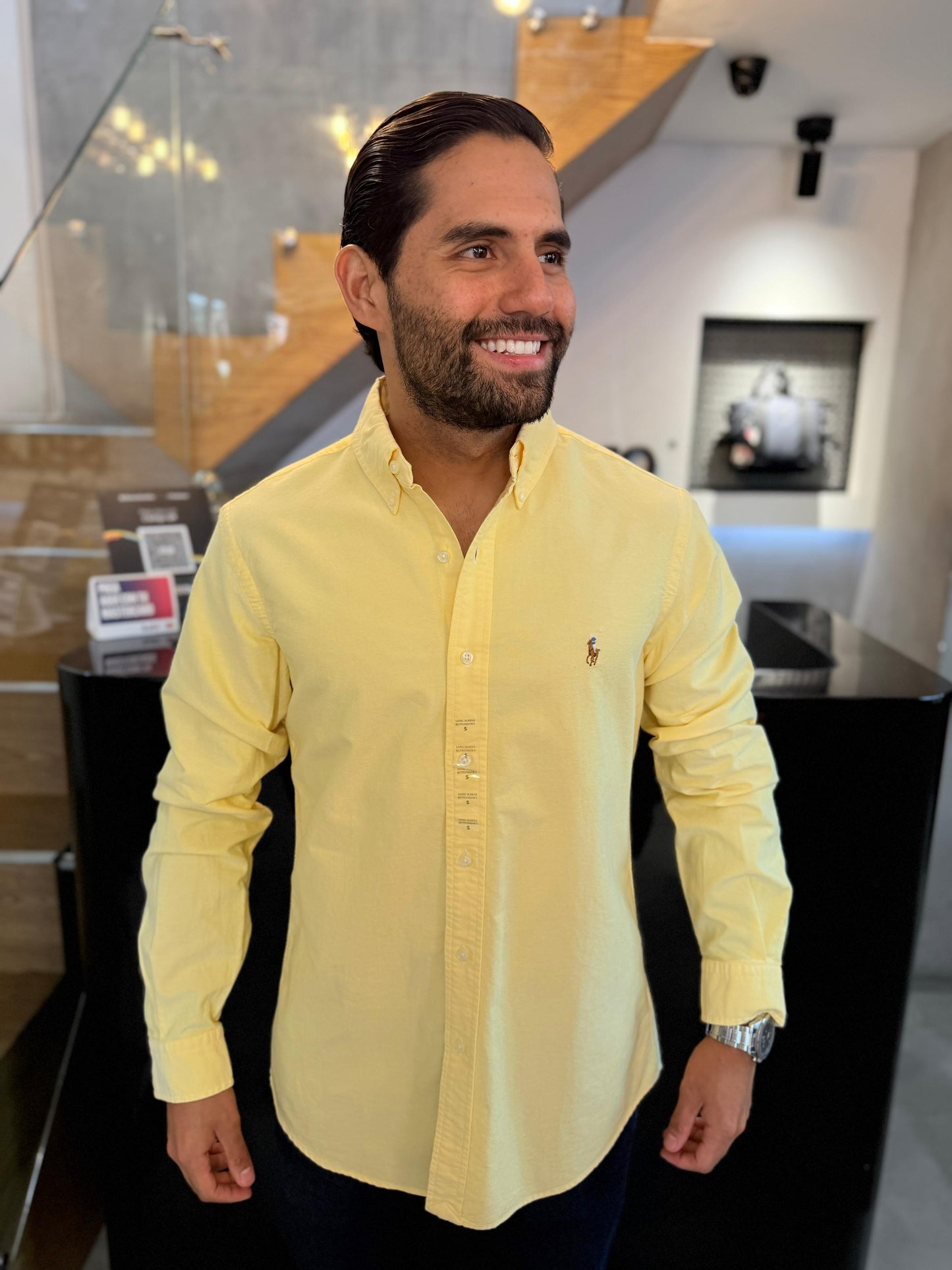 Camisa Polo R.L hombre Oxford Amarilla Caballo Multicolor