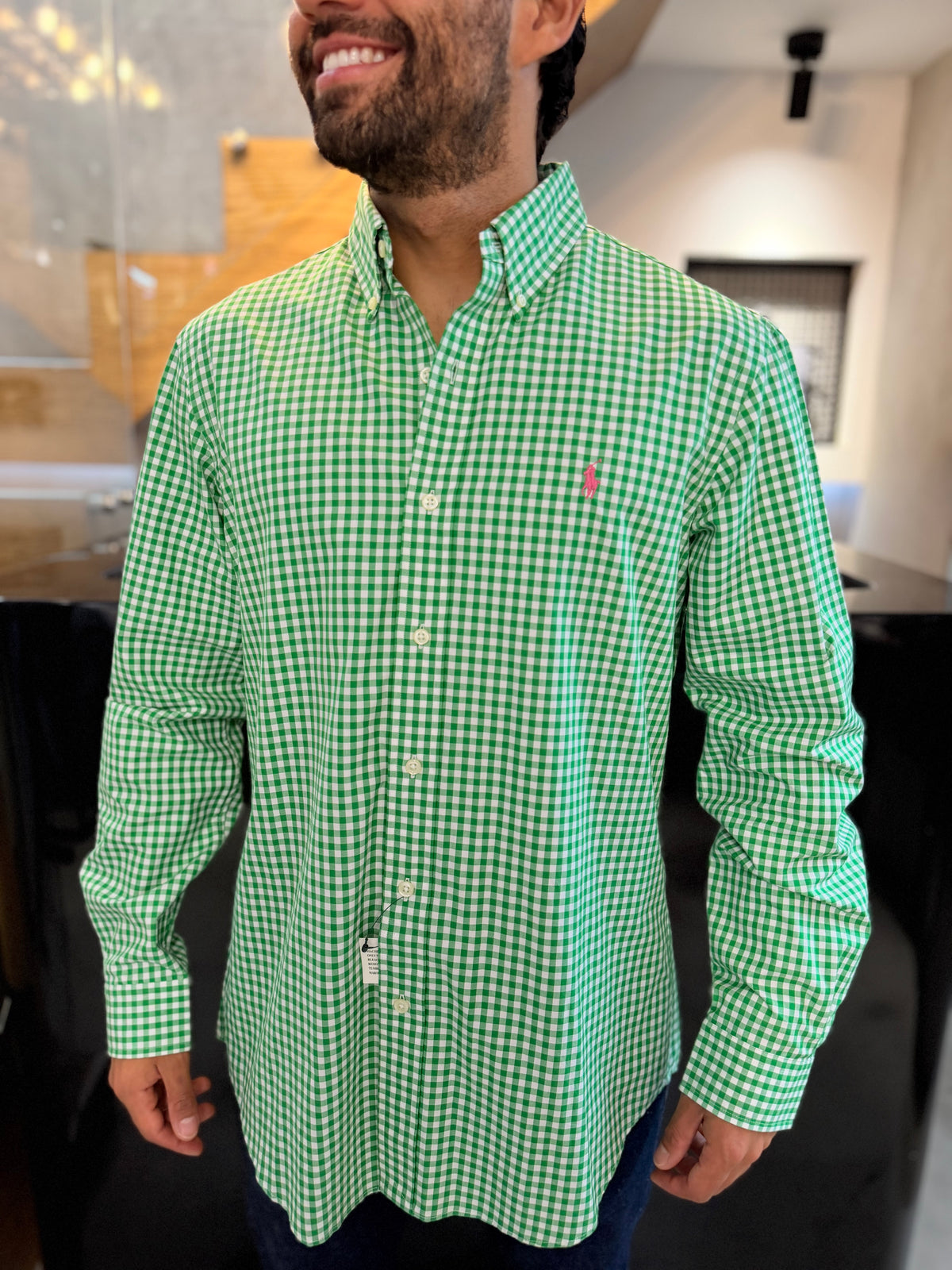 Camisa Polo R.L hombre Algodón Cuadros Verdes Limón Con Blanco Caballo Rosa